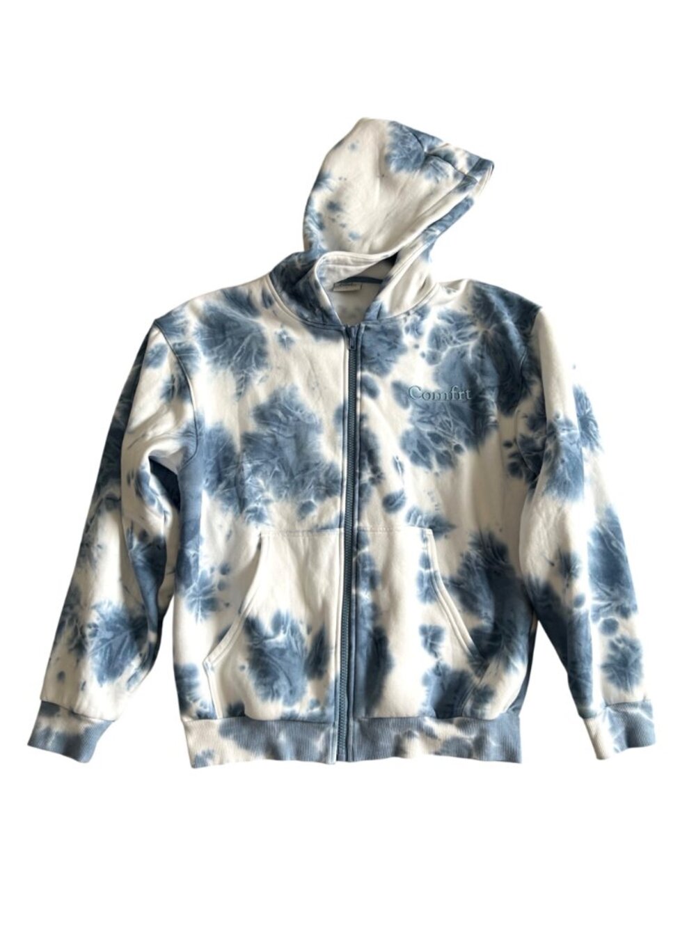 Comfrt Unisex Sz LTie-Dye Full-Zip Hoodie Blue & White Cotton Blend - Picture 10 of 11